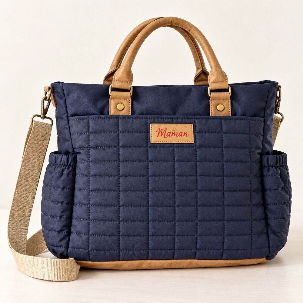 Maman New York Diaper Bag Navy Blue/ Beige Quilted Shoulder Bag Messenger Look